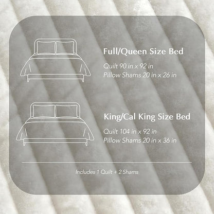 EVERGRACE Velvet Quilt Set Queen Size, Luxurious Soft Striped Channel Bedding Set, Lightweight Velvet Comforter for All Season, Oversized Bedspread Coverlet with 2 Matching Shams, Ivory White