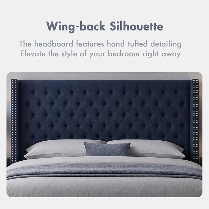 Madison Park King Wingback Upholstered Tufted Headboard, Featuring High-Density Sponge Padding, Adjustable Height Headboard, Easy Assembly, Navy