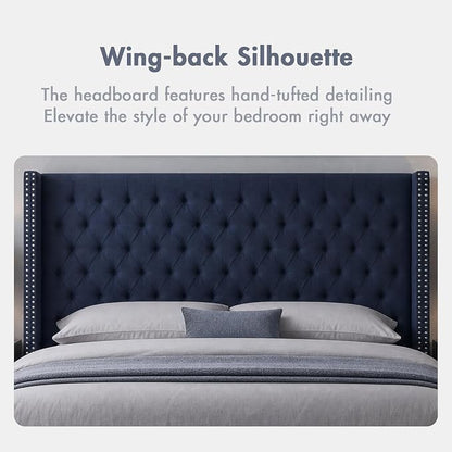 Madison Park King Wingback Upholstered Tufted Headboard, Featuring High-Density Sponge Padding, Adjustable Height Headboard, Easy Assembly, Navy