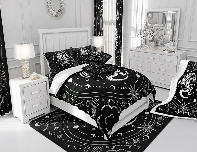 Black White Dragon Comforter Set King Size,Sun Moon Stars Cloud Galaxy Bedding Set for Kids Girls Boys Teens Room Decor,Western Magical Boho Style Duvet Insert,Exotic Luxury Quilt Set,2 Pillowcases