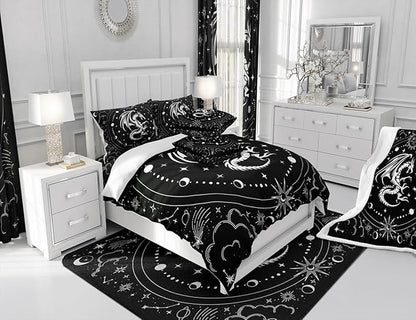 Black White Dragon Comforter Set King Size,Sun Moon Stars Cloud Galaxy Bedding Set for Kids Girls Boys Teens Room Decor,Western Magical Boho Style Duvet Insert,Exotic Luxury Quilt Set,2 Pillowcases
