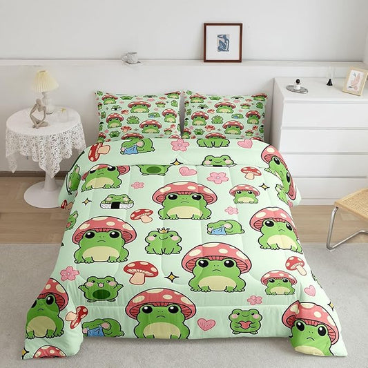Mushroom Frog Comforter Set Queen Size Cute Mushroom Bedding Set 3pcs for Kids Girls Boys Bedroom Decor Cartoon Animals Plants Quilt Set Pink Green Duvet Insert,2 Pillowcases