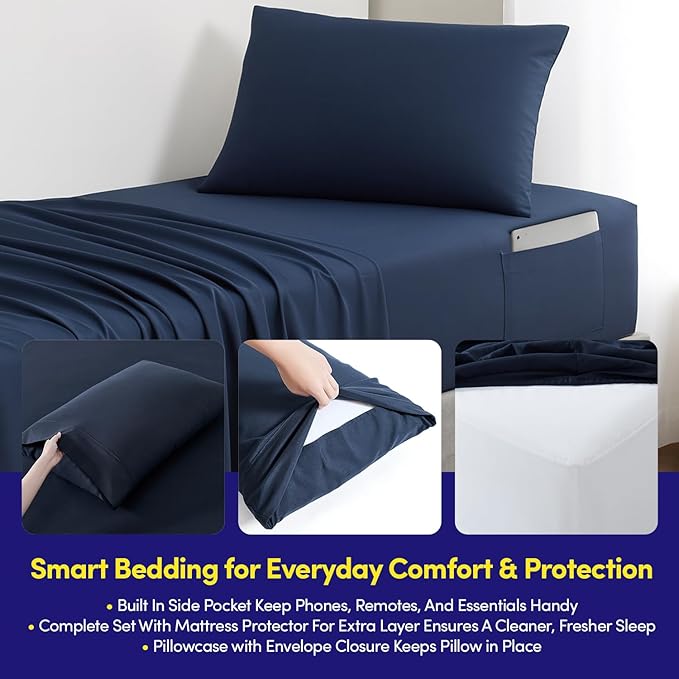 Twin Size Comforter Set Quilted Stripe Bedding Bundle – Comforter, Mattress Protector, Sheets with Pockets on the Side & Built-in Corner Strap – Fitted Sheet Media Pocket for Devices, Navy Blue