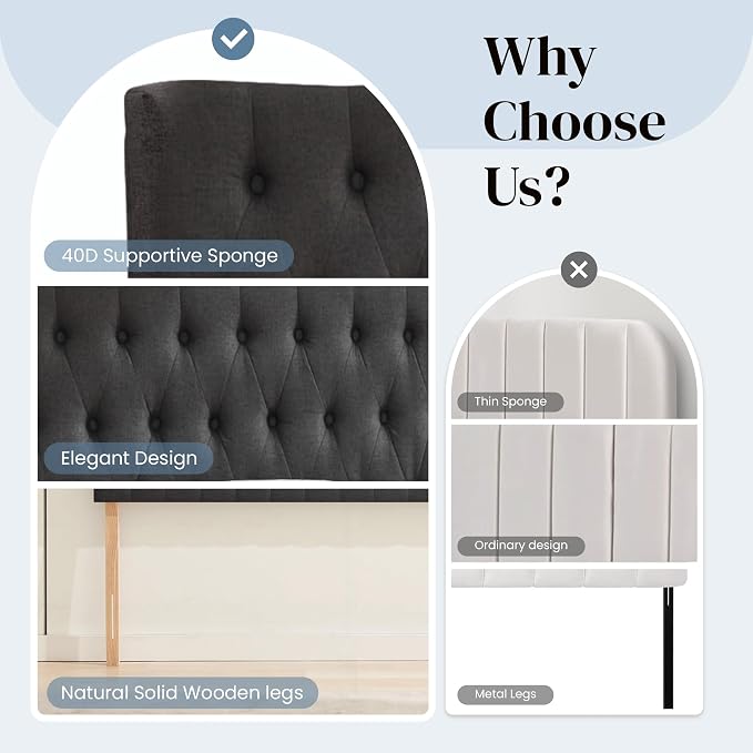 Tufted Upholstered Full Size Bed Headboard in Modern Button Design, Adjustable Solid Wood Head Board, Premium Linen Fabric Padded Headboards in Bedroom (Dark Grey)