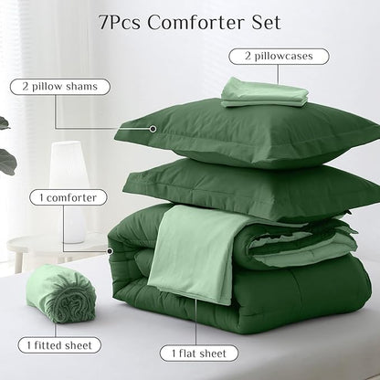JOLLYVOGUE King Comforter Set, Ultra-Soft Bed in a Bag King Size 7 Pieces, Oeko-TEX Certified Bedding Set with Down Alternative Comforter, Sheets, Pillowcases & Shams, Dark Green & Light Green
