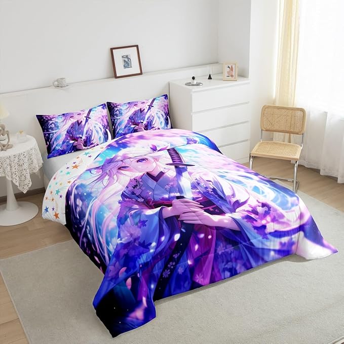 Erosebridal Anime Girl Twin Comforter Set for Kids, Kawaii Japanese Anime Bedding Set Cartoon Girl Duvet Insert Sci Fi Style Japanese Animation Quilt for Kids Girls Teens Adult Bedroom