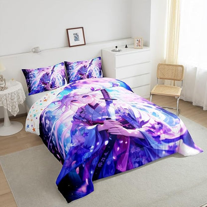 Erosebridal Anime Girl Twin Comforter Set for Kids, Kawaii Japanese Anime Bedding Set Cartoon Girl Duvet Insert Sci Fi Style Japanese Animation Quilt for Kids Girls Teens Adult Bedroom