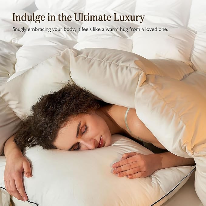 BPC Lightweight Organic Feather Down Comforter Oversized King, Hotel-Luxury Fluffy Duvet Insert with Cotton Cover and Puffy Feather Down Filling, for Summer/Hot Sleepers, Ivory White, 120x98 Inches