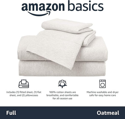 Amazon Basics 4 Piece Breathable 100% Cotton Jersey Knit Sheet Set, Stretchy Lightweight, Includes Flat and Fitted Sheets, Pillowcase, Full, Oatmeal