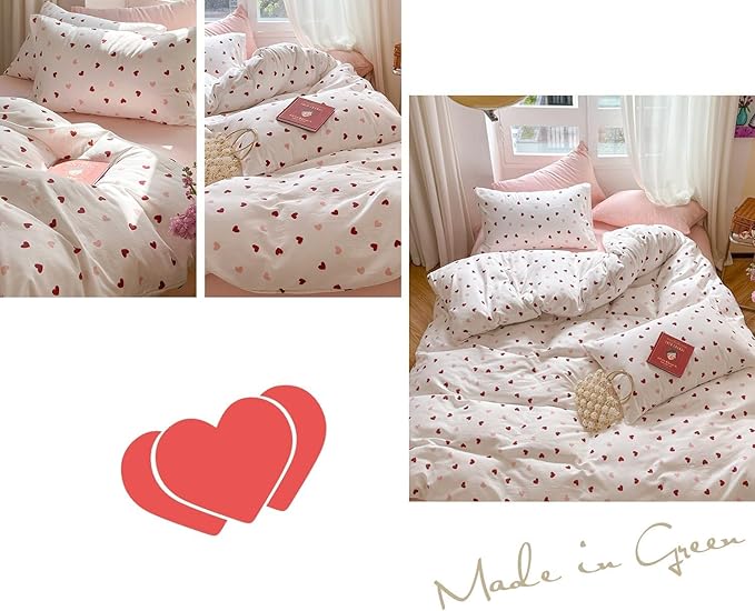 Girls Comforter Set Full Size - 3 Pieces Red Pink Heart Comforter Bedding Sets for Kids,Full Bed in a Bag with Heart Comforter and 2 Pillowcases