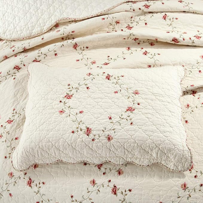 vctops 3-Piece Floral Embroidered Bedspread Coverlet Set King Size 100% Cotton Reversible Patchwork 1 Quilt and 2 Pillow Shams (Flower,King)