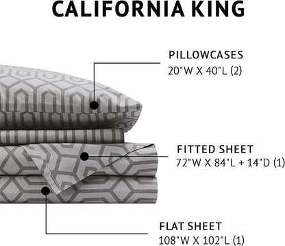 Comfort Spaces 100% Cotton Sheet Set Breathable, Lightweight, Soft with 14" Elastic Pocket Fits up to 16" Mattress, All Season Cozy Bedding, Matching Pillow Case, Cal King Diamond Sliver 4 Piece
