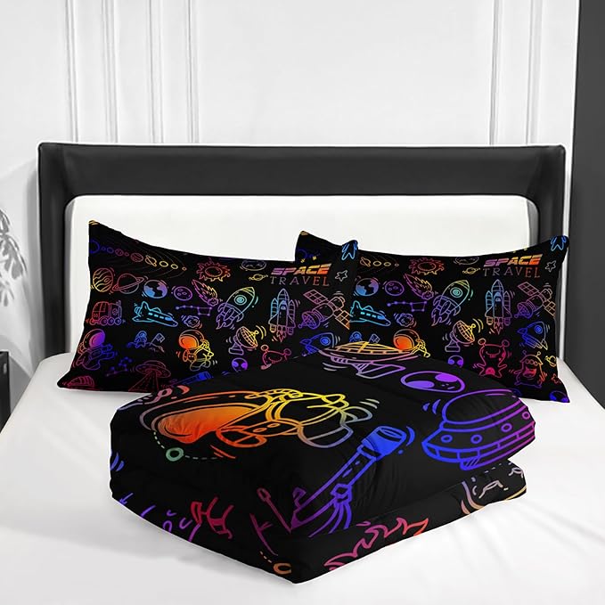 Cartoon Space Comforter Set for Kids Boys Girls,3 Pieces Outer Space Bedding King Size,Rocket Planet Spaceship Travel Toddler Bedding Set for Teen Boy Room Decor with 1 Comforter 2 Pillowcase
