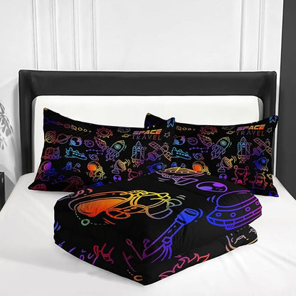 Cartoon Space Comforter Set for Kids Boys Girls,3 Pieces Outer Space Bedding King Size,Rocket Planet Spaceship Travel Toddler Bedding Set for Teen Boy Room Decor with 1 Comforter 2 Pillowcase