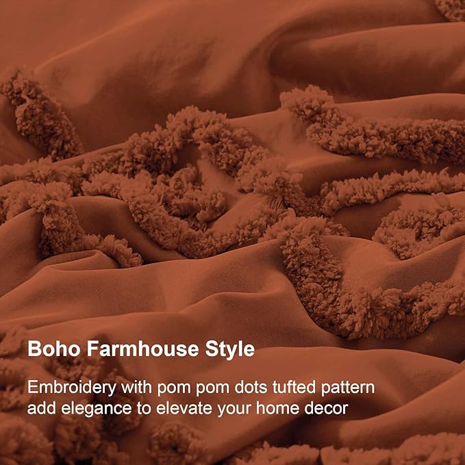 Luxudecor Terracotta Boho Tufted Comforter Set Full Size 3 Pieces Boho Shabby Chic Comforter Farmhouse Embroidery Bedding Set Soft Comforter for All Seasons (Terracotta, 80''x90'')