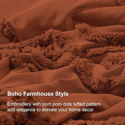 Luxudecor Terracotta Boho Tufted Comforter Set King Size 3 Pieces Boho Shabby Chic Comforter Farmhouse Embroidery Bedding Set Soft Comforter for All Seasons (Terracotta, 104''x90'')