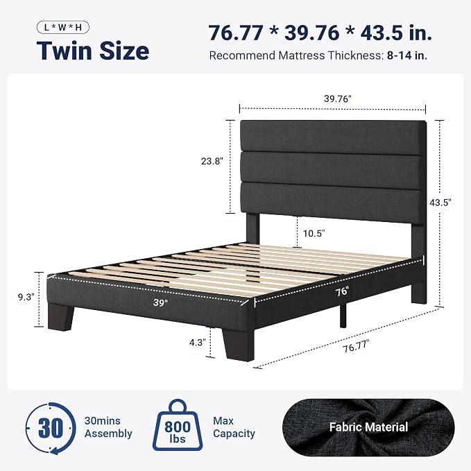 Allewie Twin Size Platform Bed Frame with Fabric Upholstered Headboard Gray | Wooden Slats Support, Fully Upholstered Mattress Foundation, No Box Spring Needed, Easy Assembly, Noise-Free, Dark Grey