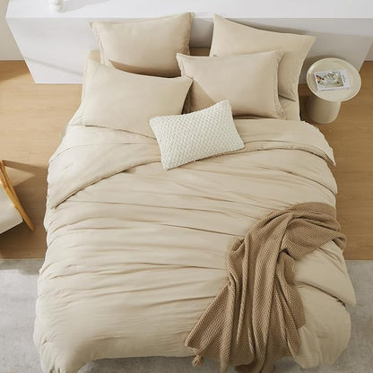 WRENSONGE Super King Plus Size Comforter Set- 7 Pieces Beige Bed in a Bag Super King Plus with Fitted Sheet, Flat Sheet, 2 Pillow Shams, and 2 Pillowcases- Warm Bed Set for All Season