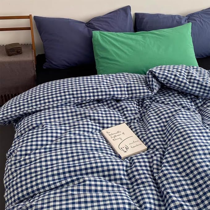 Nayoroom Navy Blue Gingham Duvet Cover Queen Size 100% Washed Cotton Plaid Checkered Duvet Cover 3 Pieces Soft Breathable Grid Farmhouse Dorm Bedding Set for All Seasons