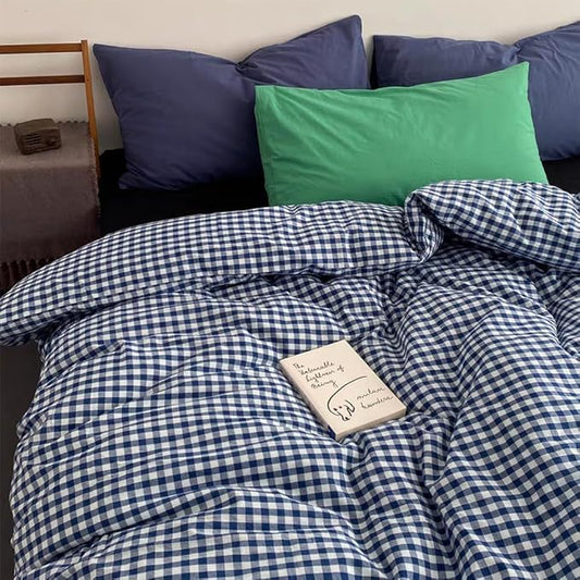 Nayoroom Navy Blue Gingham Duvet Cover Queen Size 100% Washed Cotton Plaid Checkered Duvet Cover 3 Pieces Soft Breathable Grid Farmhouse Dorm Bedding Set for All Seasons