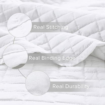 Comfort Spaces Kienna Quilt Set- Double Sided Stitching Design Summer Blanket, Lightweight, Soft, All Season Bedding Layer, Matching Sham, White, Coverlet Twin/Twin XL(66"x90") 2 Piece