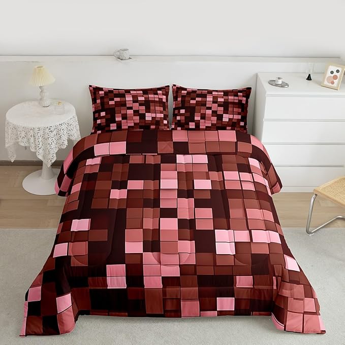 Miners Pixel Checked Kids Bedding Set King Size,Video Games Check Lattice Comforter Set，Game Cartoon Gamepad Quilt Comforter,Dark Red Bedroom Duvet Insert,2 Pillowcases