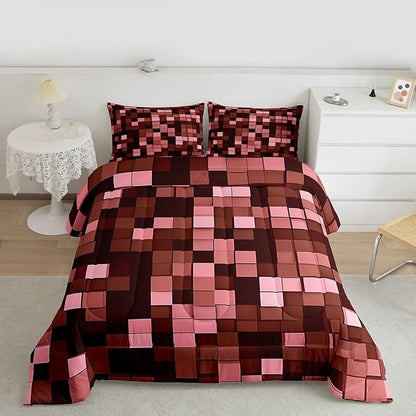 Miners Pixel Checked Kids Bedding Set King Size,Video Games Check Lattice Comforter Set，Game Cartoon Gamepad Quilt Comforter,Dark Red Bedroom Duvet Insert,2 Pillowcases
