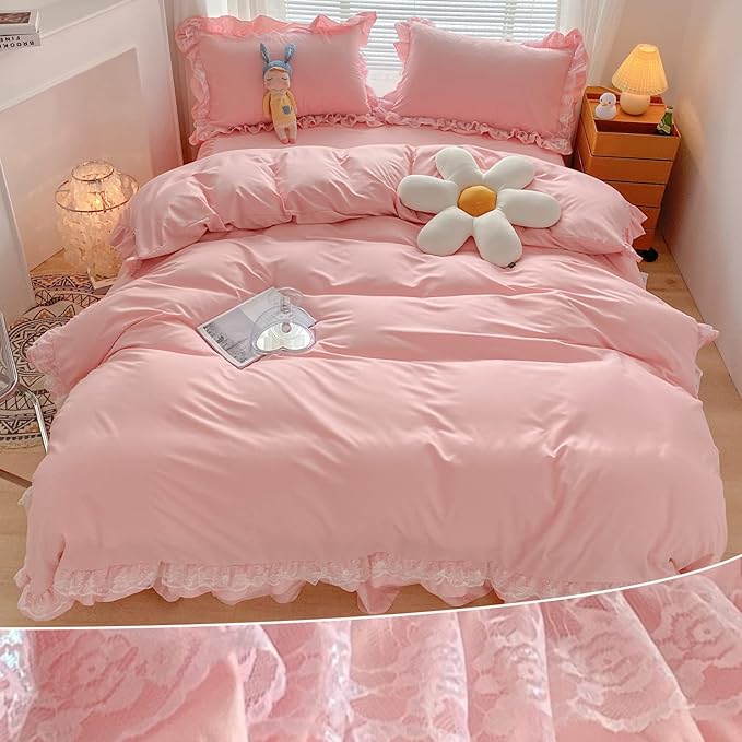 MOOWOO Chic Ruffle Lace Polyester Duvet Cover Set -Girl Pink Bedding-3 Piece Queen Duvet Cover with Zipper Closure -Ultra Soft and Light Weight (Pink, Queen)