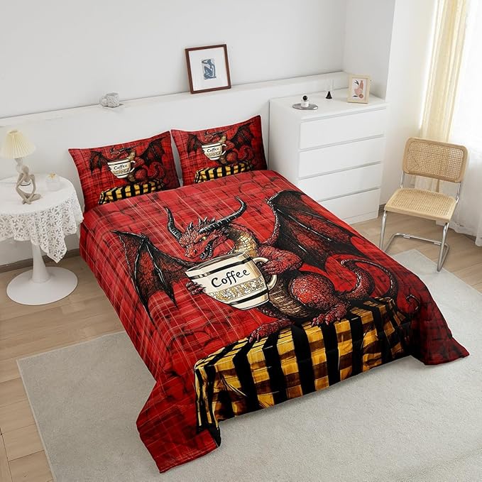 Feelyou Dragon Comforter Set Queen Size Dragon Stuff Comforter for Boys Girls Teens Wild Life Bedding Set Coffee Duvet Set Room Decor Red Quilt Set