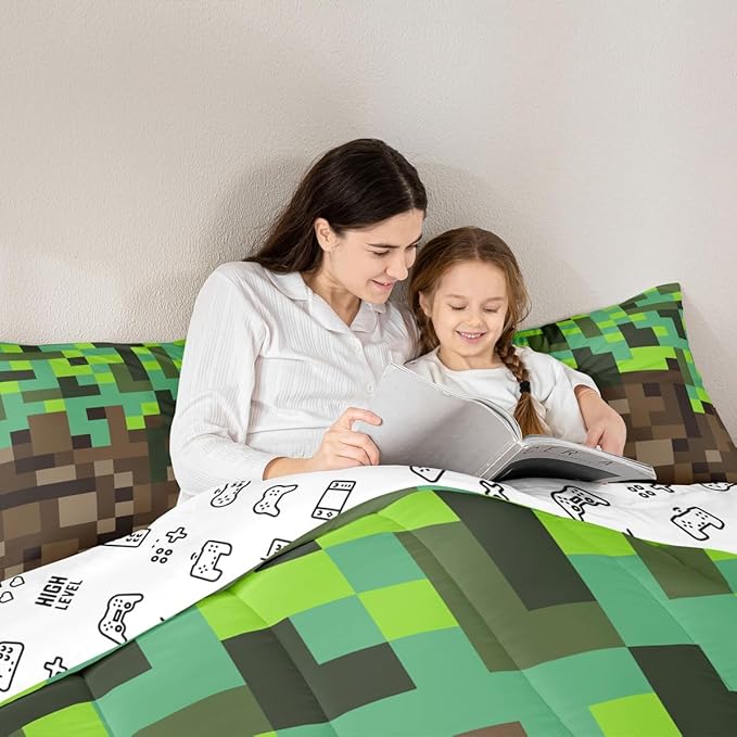 Miners Pixel Checked Comforter Set King Size,Video Games Check Lattice Kids Bedding Set,Game Cartoon Gamepad Quilt Comforter,Green Brown Duvet Insert,2 Pillowcases