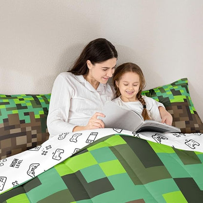 Miners Pixel Checked Kids Bedding Set Queen Size,Video Games Check Lattice Comforter Set,Game Cartoon Gamepad Quilt Comforter,Green Brown Bedroom Duvet Insert,2 Pillowcases