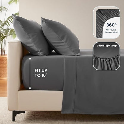 SLEEP ZONE Nanotex Super Soft Cooling Queen Bed Sheets Set 4 Piece - Easy Care Fitted Flat Sheet & Pillowcase Sets - Wrinkle Free, Fade Resistant, Deep Pocket 16" (Gray, Queen)