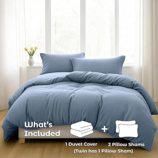 Pure Bedding Duvet Cover King Size - 3 Pieces Extra Soft Bedding Set, Includes 1 Duvet Cover 104x90 Inches with Zipper Closure & 2 Pillow Shams, Comforter Not Included, Ash Blue