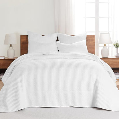 Levtex Home Cross Stitch Reversible King Bedspread Set (120x104in) with 2 Pillow Shams (36x20in) - Stitch Texture - Bright White - Cotton King Size Bedspread Set - Soft, Pre-Washed
