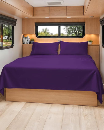 RV Short Queen Sheet Set 60 X 75 - 4 Piece RV Short Queen Bed Sheets - Soft, Breathable & Cooling - Designed for Bunks, Trailers and Campers - Fits 8” to 12" Mattress - Hotel Luxury Bedding - Purple