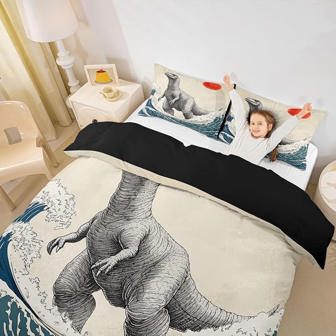 Feelyou Dinosaur Monster Bedding Set Full Size Japanese Ukiyoe Theme Duvet Cover for Adult Kids Boys Girls Cool Animal Comforter Cover Set Asian Anime Bedspread Cover 3Pcs Zipper