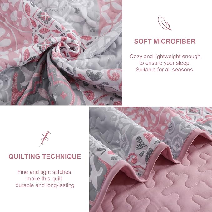 Dobuyly Pink Grey Quilt Set King Size, Boho Plaid Patchwork Bedspreads Coverlet Set, 3 Pieces Soft Lightweight Microfiber Summer Quilt Bedding Set for All Seasons 110"x90"