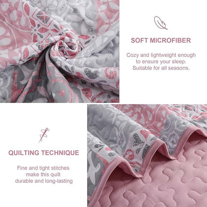 Dobuyly Pink Grey Quilt Set Queen Size, Boho Plaid Patchwork Bedspreads Coverlet Set, 3 Pieces Soft Lightweight Microfiber Summer Quilt Bedding Set for All Seasons 96"x90"