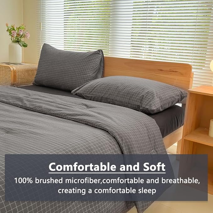 NSNLGSGC Twin Comforter Set, Dark Gray Plaid Bedding Sets, Charcoal Grid Bed Comforter 2 Pieces (1 Comforter, 1 Pillowcase)