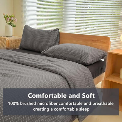 NSNLGSGC King Size Comforter Set, Dark Gray Plaid Bedding Comforter Sets, Charcoal Grid Bed Comforter 3 Pieces (1 Comforter, 2 Pillowcases)
