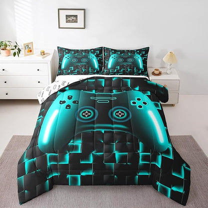 Erosebridal Boys Gaming Queen Size Bedding Set for Kids Gamer Comforter Sets for Teen Boys Game Controller Bedroom Decor,Neon Teal Glowing Geometric Grid Bedding,Black Abstract Check Square Comforter