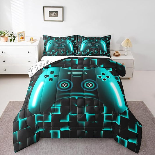Erosebridal Boys Gaming Queen Size Bedding Set for Kids Gamer Comforter Sets for Teen Boys Game Controller Bedroom Decor,Neon Teal Glowing Geometric Grid Bedding,Black Abstract Check Square Comforter