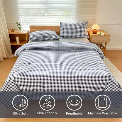 NSNLGSGC King Size Comforter Set, Navy Gingham Bedding Comforter Sets, Blue Grid Bed Comforter 3 Pieces (1 Comforter, 2 Pillowcases)