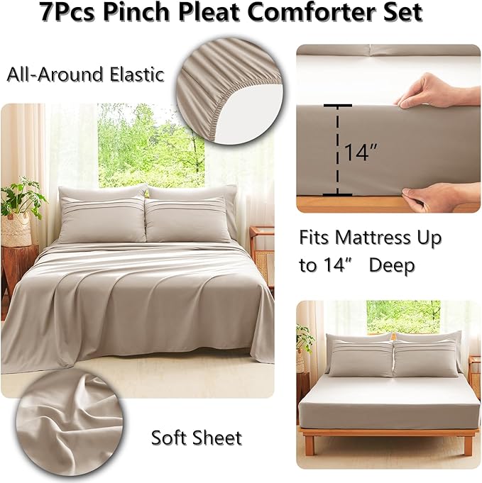 CozyLux Queen Comforter Set Wheat, 7 Pieces Soft Pinch Pleat Bed in a Bag Queen Comforter Set with Sheets, Boho Bed Set with Down Alternative Comforter, Sheets, Pillowcases & Shams