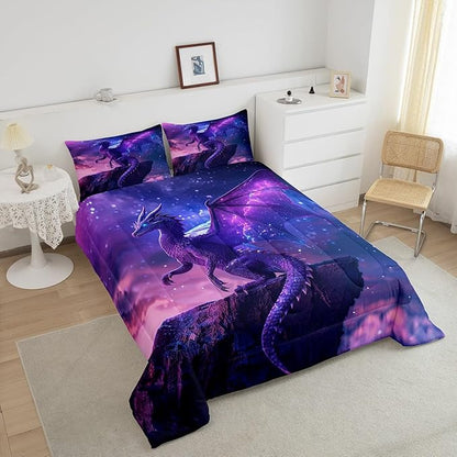 3D Purple Dragon Comforter Set Queen Size,Galaxy Nebula Starry Sky Fantasy Bedding Set for Kids Boys Girls Room Decor,Magical Wild Animal Duvet Insert 3Pcs,Modern Trippy Quilt Set,2 Pillowcases
