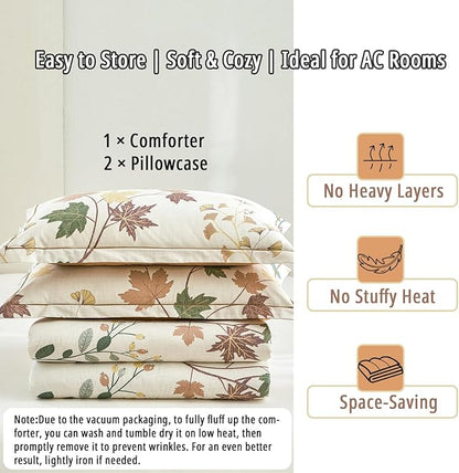 Botanical Cotton Comforter Queen Size - Luxurious Design with Maple Leaves and Branches on Beige, Textured Maple Orange Back, 3PC Lightweight Bedding Set with Ultra-Soft Alternative Fill