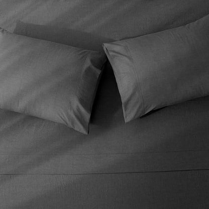 JIYUAN Twin Size Sheet Set, 3-Piece - 100% Washed Cotton, Linen-Like Soft & Breathable, Includes Deep Pocket Fitted & Flat Sheet with 1 Pillowcases, Hotel Quality, Heathered Dark Grey