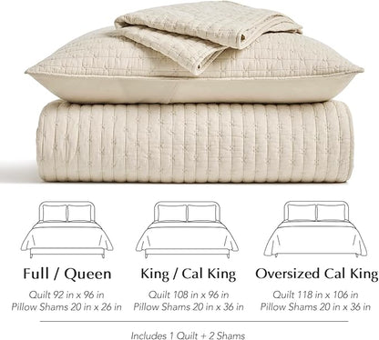 EVERGRACEHOME Cross Stitch Pre-Washed Cotton Quilt Bedding Set King Size, Oversized 3 Pieces Lightweight Bedspread Coverlet for All Season, with 2 Matching Shams, Flax Beige,118"x106"