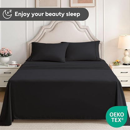 Twin Sheets Set, 3 Pieces Hotel Luxury Soft Microfiber Bed Sheets Set, Up to 16" Deep Pockets, Oeko-Tex Sheets with Elastic, Breathable, Wrinkle Free(Black,Twin)