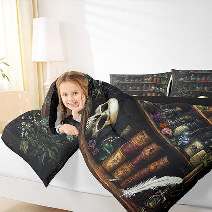 Sugar Skull Comforter Set King Size,Retro Wooden Bookshelf Bedding Set 3Pcs for Kids Teens Girls Boys Room Decor,Magical Gothic Style Quilted Duvet Boho Floral Down Comforter,2 Pillowcases